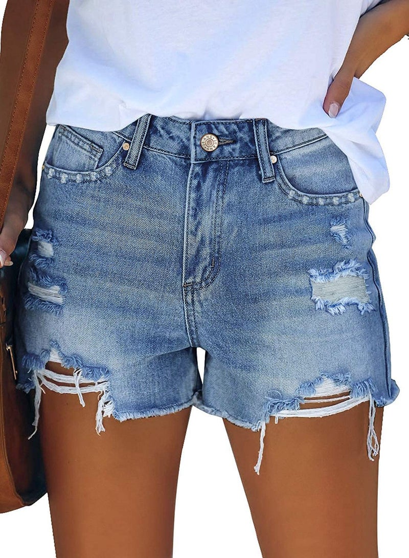 ZOLUCKY Jean Shorts for Women Ripped Denim Shorts Cut Off Mid Waisted Shorts for Summer Light Blue M - Image 2