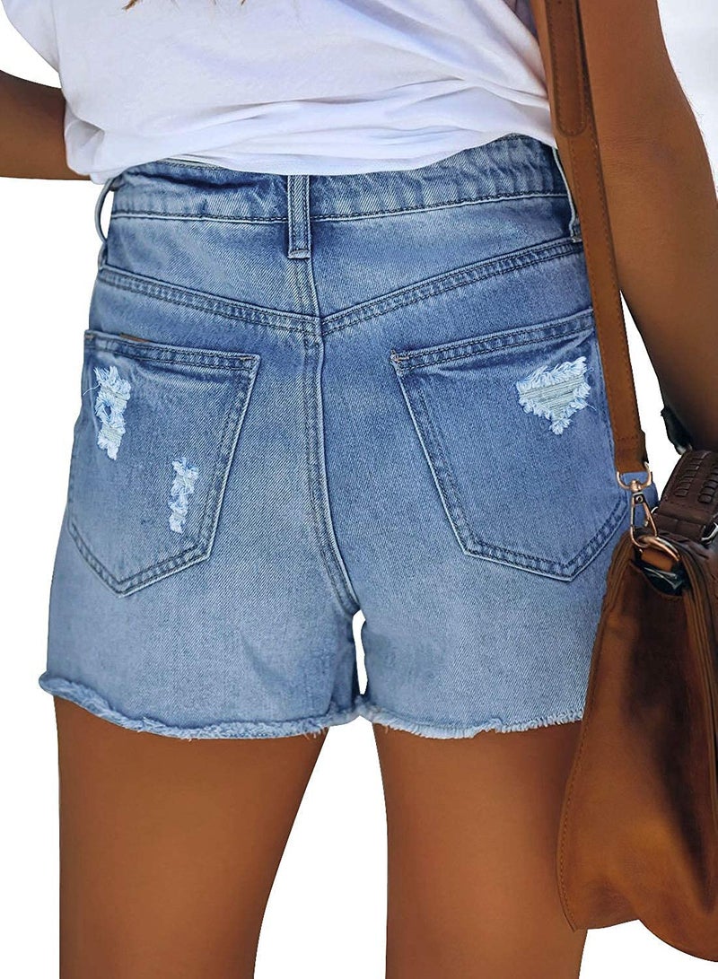 ZOLUCKY Jean Shorts for Women Ripped Denim Shorts Cut Off Mid Waisted Shorts for Summer Light Blue M - Image 3