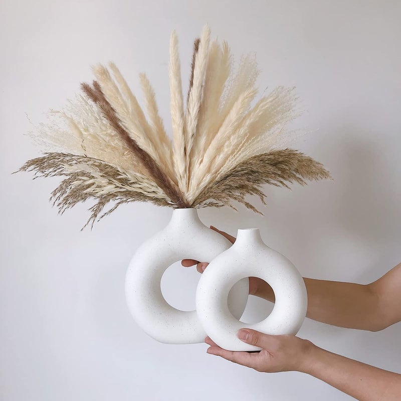 Eastern Rock White Ceramic Vases for Pampas Grass,Water Drop Design Doughnut vase Modern Home Decor Minimalist Nordic Boho Ins Style (White Medium) - Image 5