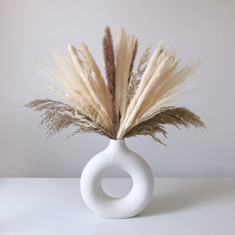 Eastern Rock White Ceramic Vases for Pampas Grass,Water Drop Design Doughnut vase Modern Home Decor Minimalist Nordic Boho Ins Style (White Medium) - Image 1