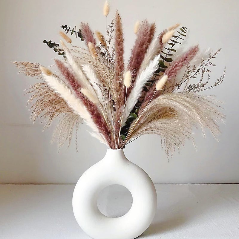 Eastern Rock White Ceramic Vases for Pampas Grass,Water Drop Design Doughnut vase Modern Home Decor Minimalist Nordic Boho Ins Style (White Medium) - Image 3