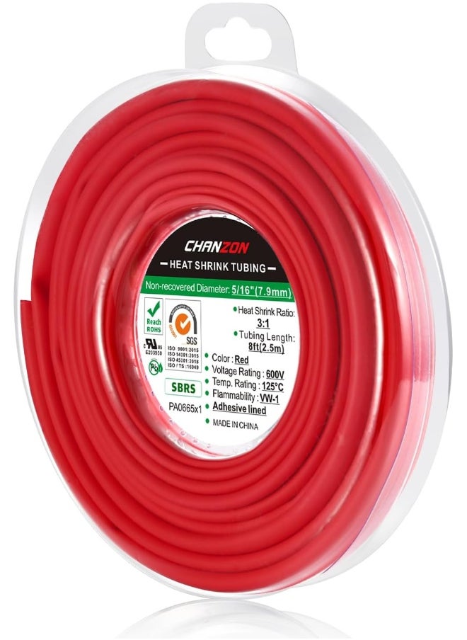 CHANZON Chanzon 3:1 Ratio 5/16" (7.9mm) Heat Shrink Tubing - Marine Grade Waterproof Adhesive Lined - 8Ft Roll (2.5M Total Length) Red Polyolefin Sleeving Wrap Shrinking 3 to 1 Ratio 1pcs  - Image 1