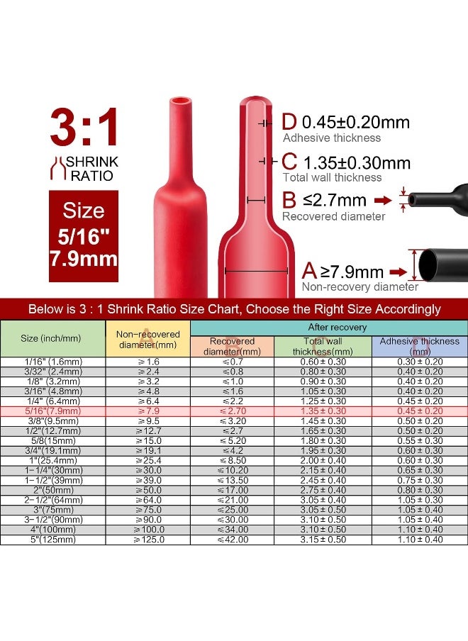 CHANZON Chanzon 3:1 Ratio 5/16" (7.9mm) Heat Shrink Tubing - Marine Grade Waterproof Adhesive Lined - 8Ft Roll (2.5M Total Length) Red Polyolefin Sleeving Wrap Shrinking 3 to 1 Ratio 1pcs  - Image 3