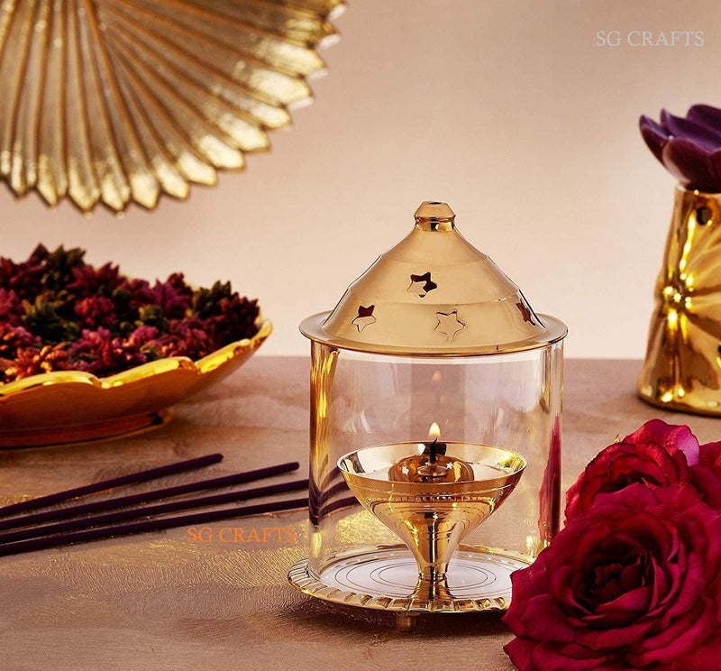 SG CRAFTS Brass Akhand Diya for Puja with Borosilicate Glass Cover, Glass Oil Lamp, Decorative Brass Diya. ((7 inch/Large)) - Image 4