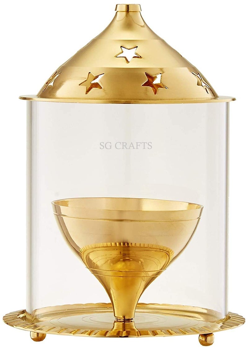 SG CRAFTS Brass Akhand Diya for Puja with Borosilicate Glass Cover, Glass Oil Lamp, Decorative Brass Diya. ((7 inch/Large)) - Image 2