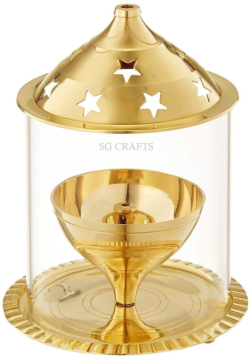 SG CRAFTS Brass Akhand Diya for Puja with Borosilicate Glass Cover, Glass Oil Lamp, Decorative Brass Diya. ((7 inch/Large)) - Image 1