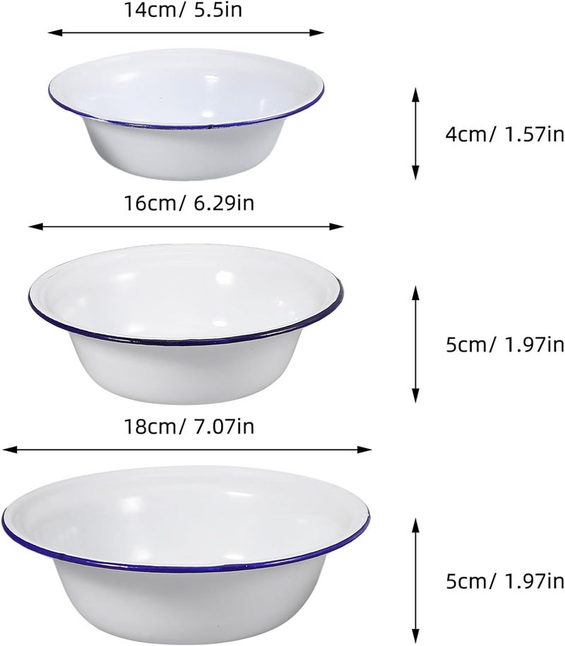 Luxshiny 3Piece Enamel Bowl Set Vintage Enamelware Nesting Salad  Soup Bowls White Retro Modern Style 14cm 16cm 18cm - Image 2