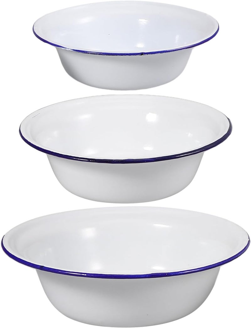 Luxshiny 3Piece Enamel Bowl Set Vintage Enamelware Nesting Salad  Soup Bowls White Retro Modern Style 14cm 16cm 18cm - Image 1