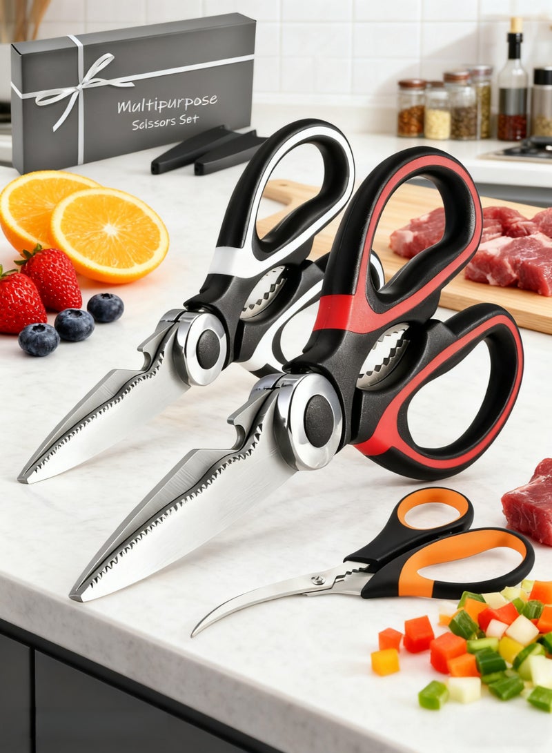 مجموعة مقصات المطبخ من 3 قطع، مقص مطبخ ومقص طبخ من الفولاذ المقاوم للصدأ شديد التحمل ومقص حاد للمأكولات البحرية، مقص متعدد الأغراض، آمن للاستخدام في غسالة الأطباق، مناسب لتقطيع اللحوم والطعام والأسماك والدواجن والخضروات - Image 1