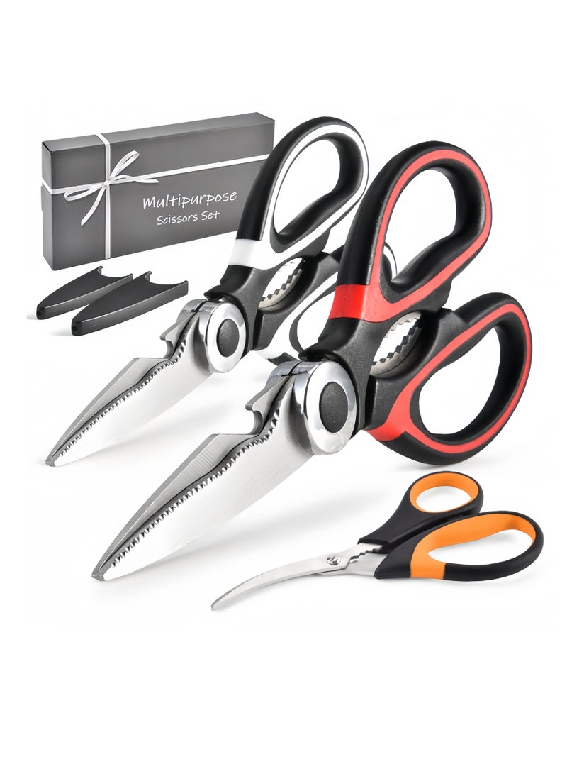 مجموعة مقصات المطبخ من 3 قطع، مقص مطبخ ومقص طبخ من الفولاذ المقاوم للصدأ شديد التحمل ومقص حاد للمأكولات البحرية، مقص متعدد الأغراض، آمن للاستخدام في غسالة الأطباق، مناسب لتقطيع اللحوم والطعام والأسماك والدواجن والخضروات - Image 2