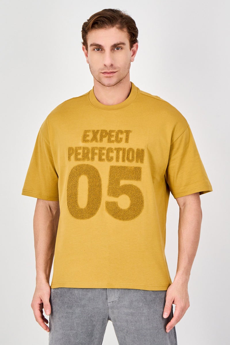 Ketch Men Crew Neck Short Sleeve Embroidered T-Shirt, Mustard - Image 1