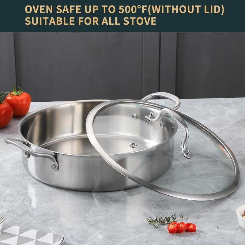 Yeksum Saute Pan with Lids, 3-Ply frying pan with lid large Fry Pan, 7QT Induction Skillet with lids, 12 inch Frying Pan 18/10 Cooking Pan, Silver, Oven & Dishwasher Safe, Works on All Cooktops - Image 5