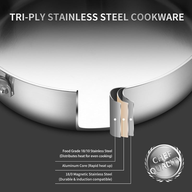 Yeksum Saute Pan with Lids, 3-Ply frying pan with lid large Fry Pan, 7QT Induction Skillet with lids, 12 inch Frying Pan 18/10 Cooking Pan, Silver, Oven & Dishwasher Safe, Works on All Cooktops - Image 2