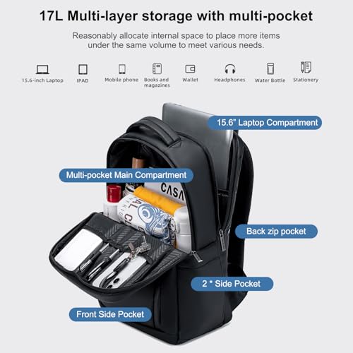 GOLDEN WOLF Slim Backpack for Men 17L Compact 15.6" Laptop Backpack for Daypack Water-resistant Multi-pocket Padded Lightweight Premium Office Bag for Work Casual Business, Black - Image 2