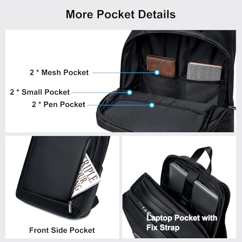 GOLDEN WOLF Slim Backpack for Men 17L Compact 15.6" Laptop Backpack for Daypack Water-resistant Multi-pocket Padded Lightweight Premium Office Bag for Work Casual Business, Black - Image 3