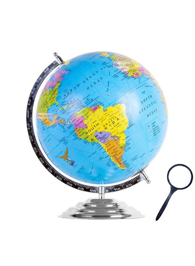 Magicwand【15 inch ht Chrome with Magnifier】Political Educational Laminated Rotating World Globe with Metal Base - Image 1