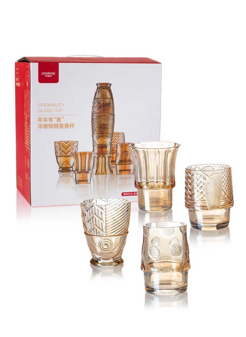 Dania - Set of 4 glass cups In a transparent honey color give it a More luster. Can be installed to form a fish model For easy preservation   Capacity 7.7 x 10 cm / 315 ml 8.2 x 10cm/265ml 8 x 10 cm / 208 - Image 1