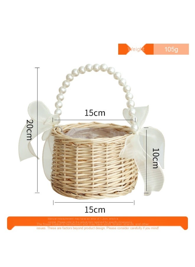Handwoven Rattan Gift Basket with Pearl Handles - Handmade Storage Basket for Flowers and Decor