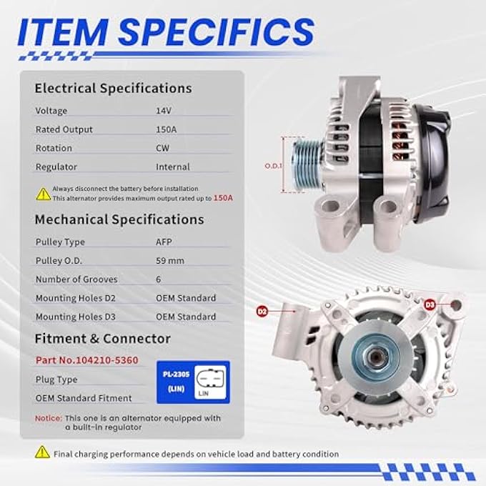 TSSLIIN High Output Alternator for-Jaguar F-Pace F-Type XE XF XFR XFR-S XJ XJR XJR575 XK XKR XKR-S for-Land Rover LR4 for-Range Rover 12V 150A 6-Groove Pulley 104210-5360 - Image 3
