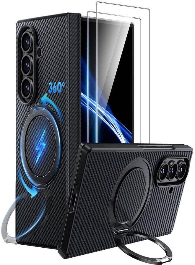 WSKEN for Samsung Galaxy Z Fold 7 Case with 360° Magnetic Stand - Military Grade Shockproof Case with 2 X Screen Protector, Compatible with MagSafe, Carbon Fiber Texture Design for Z Fold 7, Black - Image 1