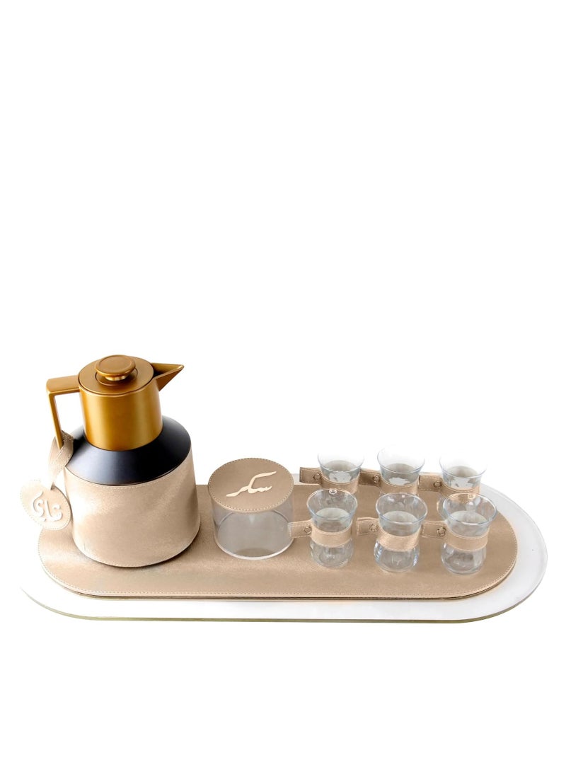 Lamsit Ibdaa LAMSIT IBDAA Coffee Thermo Flask | Coffee and Tea Vacuum Pot - 1.0 Litre Dallah Arabic Carafe – Drink Cups – Leather Hospitality Set - Heat Insulated Dalla (Beige, Set of tea with oval tray)  - Image 1