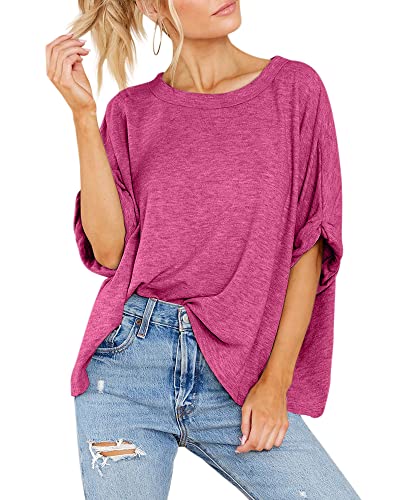 GeGekoko Women Oversized T-Shirt Summer Casual Short Sleeve Loose Tee Tops Rose Red - Image 3