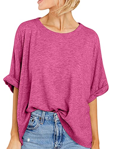 GeGekoko Women Oversized T-Shirt Summer Casual Short Sleeve Loose Tee Tops Rose Red - Image 1
