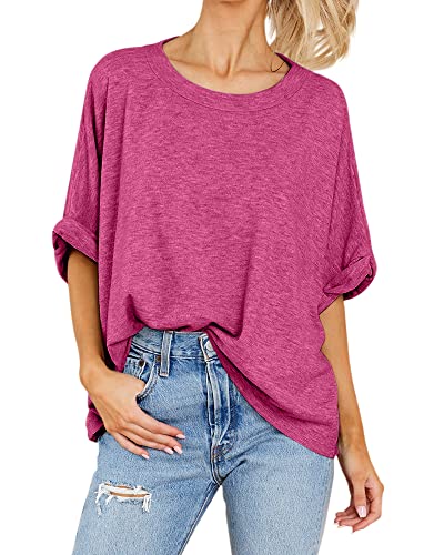 GeGekoko Women Oversized T-Shirt Summer Casual Short Sleeve Loose Tee Tops Rose Red - Image 2