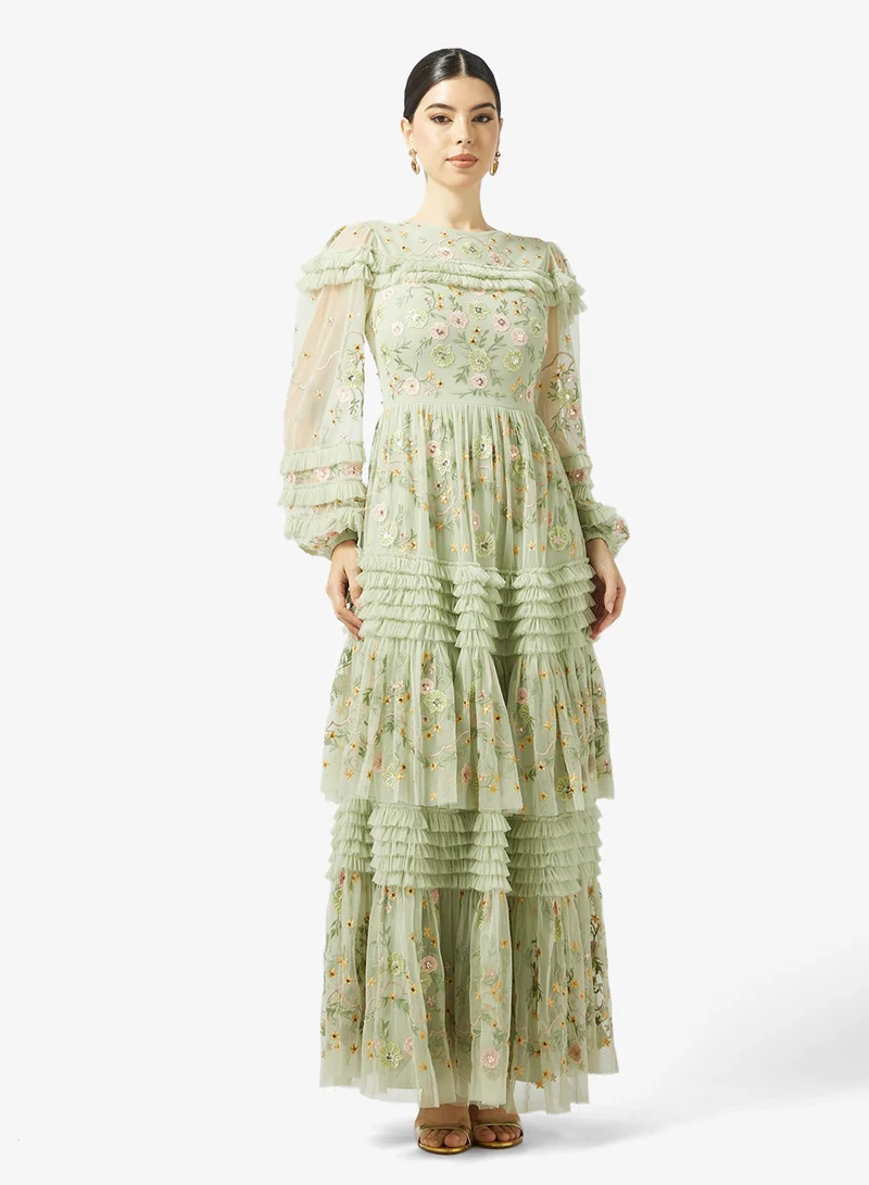 Maya Long Sleeve Premium Ruffle Embroidered Maxi