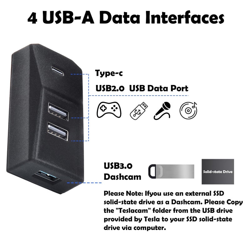 Arcoche USB Hub for Tesla Glove Box â€“ 4-Port Docking Station Model 3 Highland 2024 2025 Cybertruck, Model Y Juniper 2025 2026 Seamlessly Transfer dashcam footage, Flash-Drive Data, Games and Music - Image 3