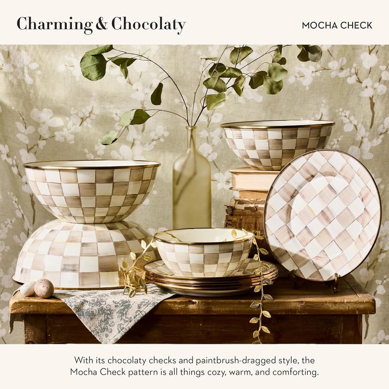 mackenzie childs MACKENZIECHILDS Enamel Everyday Bowl Serving Bowl for Entertaining Small BrownandWhite Mocha Check - Image 3
