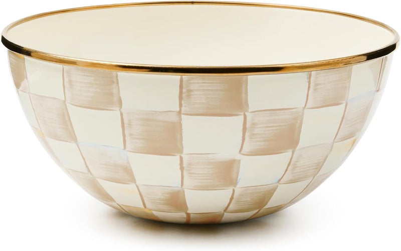 mackenzie childs MACKENZIECHILDS Enamel Everyday Bowl Serving Bowl for Entertaining Small BrownandWhite Mocha Check - Image 1