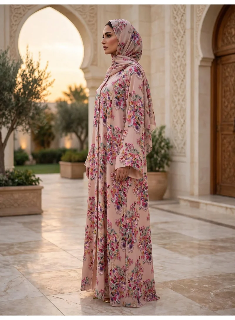 Ikkxa  Floral Printed Front Button Abaya with Draped Hijab for Women | Best Price UAE