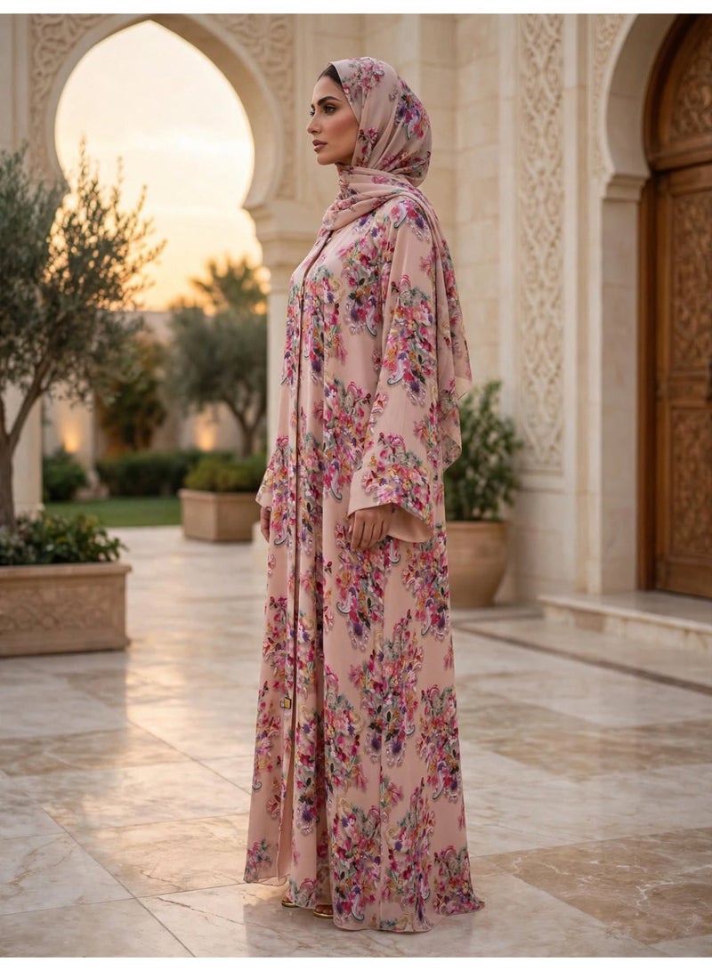 IKKXA Floral Printed Front Button Abaya with Draped Hijab - Image 4