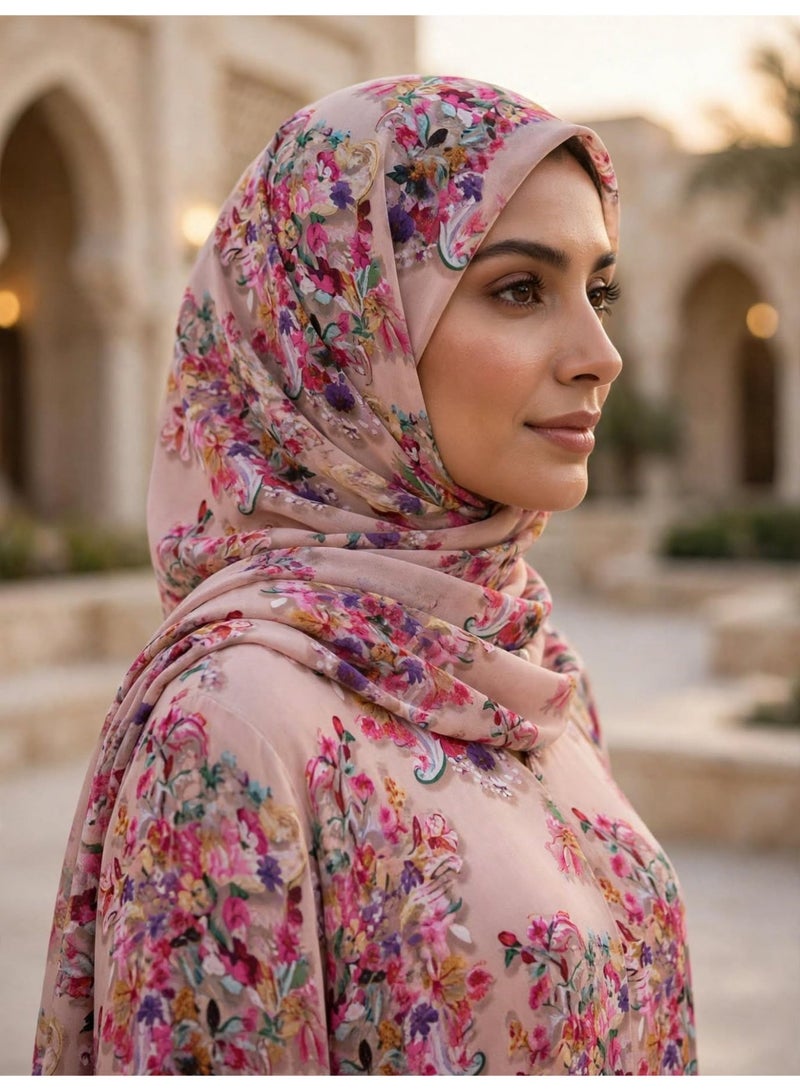 IKKXA Floral Printed Front Button Abaya with Draped Hijab - Image 3