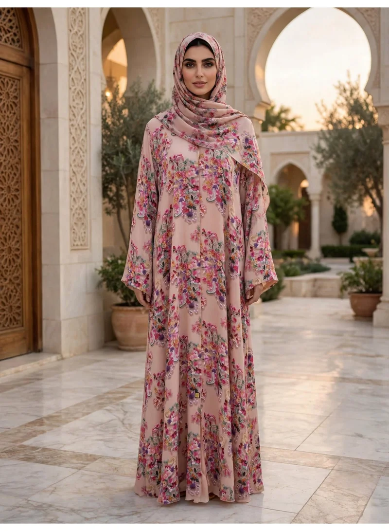 Floral Printed Front Button Abaya with Draped Hijab