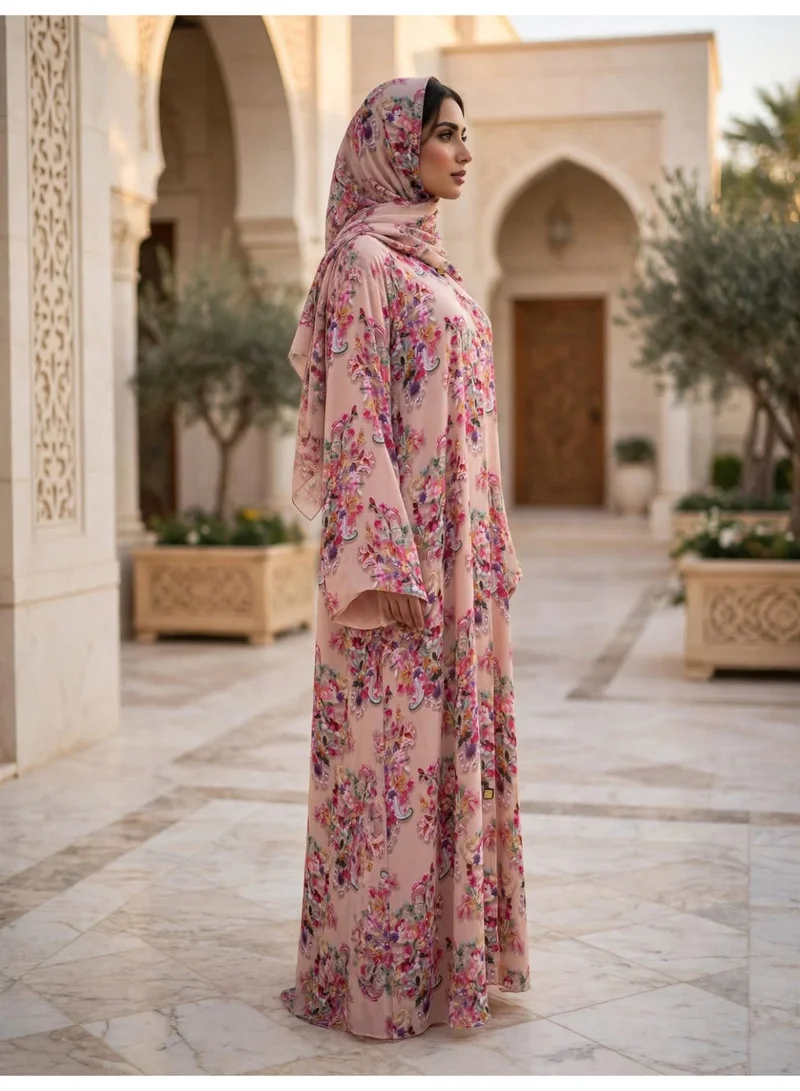 Ikkxa  Floral Printed Front Button Abaya with Draped Hijab for Women | Best Price UAE