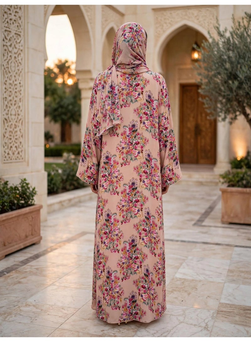 IKKXA Floral Printed Front Button Abaya with Draped Hijab - Image 2