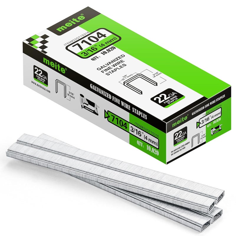 Meite 71/04 22 Gauge 71 Series 3/8-Inch (9.1 mm) Crown 3/16-Inch (4 mm) Leg Length Galvanized Upholstery Staples for MT7105 Stapler (10,020 Counts) - Image 1