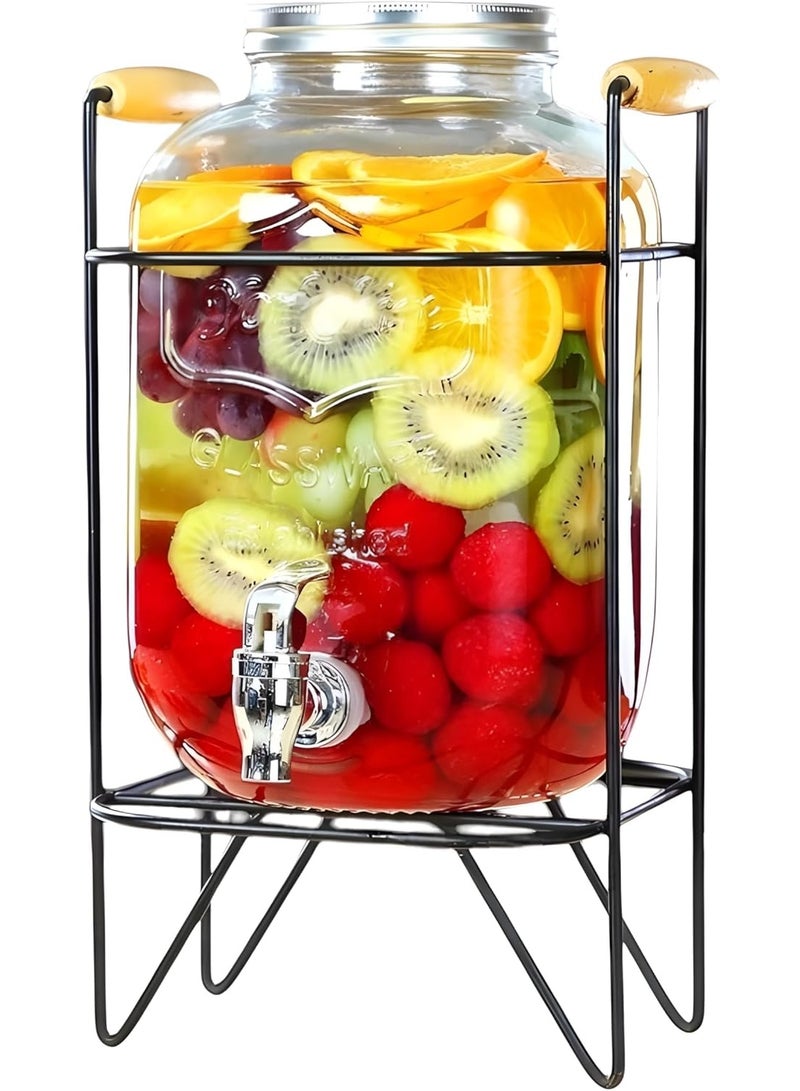 Drink Dispenser Glass Beverage, 5L Dispenser With Stand Leak Proof, Stainless Steel Faucet Wide Mouth Mason Jar Style Drink Container Jug for Parties Weddings Lemonade Cold Water