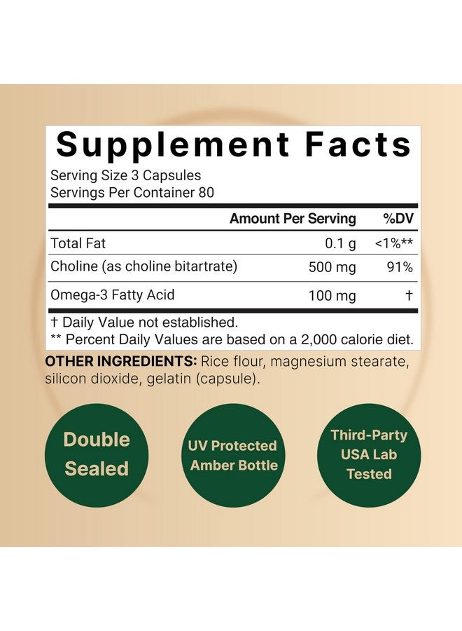 NatureBell مكملات الكولين 500 ملغ مع أحماض أوميغا-3 الدهنية، 240 كبسولة | قوة عالية من كولين بيتارتريت - دعم قبل الولادة أثناء الحمل - يعزز الطاقة، الكبد، الدماغ، وصحة الإدراك - Image 2