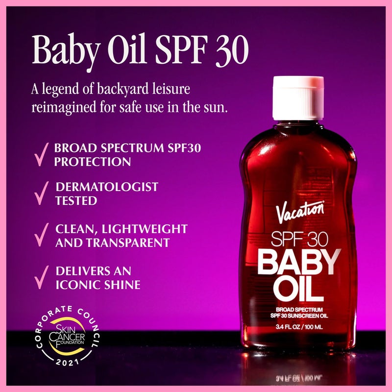 Vacation Baby Oil SPF 30 & Air Freshener Bundle, Hydrating & Nourishing, Mineral-Oil Free, Lightweight Formula, Transparent On All Skin Tones, Travel Size Sunscreen, 3.4 Fl. Oz. - Image 2