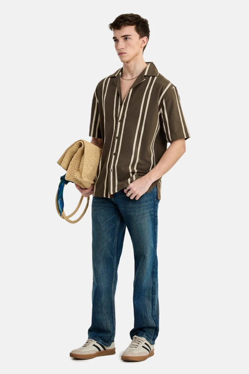 SNITCH Brown Striped Half Sleeve Boxy Shirt