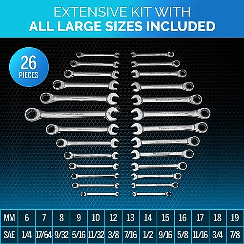 TOOLGUARDS Ratcheting Wrench Set 26pcs - Metric and Standard - With Rack Organizer - Wrenches - Combination Ratchet Wrench Set - 100% Lifetime Satisfaction Guarantee - Image 2