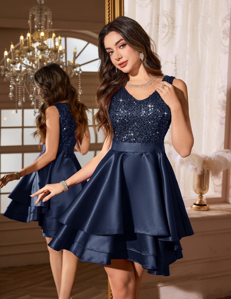 Meetjen Sequin Dress for Women Satin Homecoming Prom Dresses High Low Fancy Sparkly Cocktail Wedding 2026 Navy S - Image 2