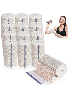 Elastic Bandage Wrap with Self Closure on Both Ends Compression Bandage for Legs, Knees, Ankles, Wrists, Elbows, Shoulders, Athletic Stretchable Bandage Wrap, 12 Pack (Blue Trim, 4 Inch)