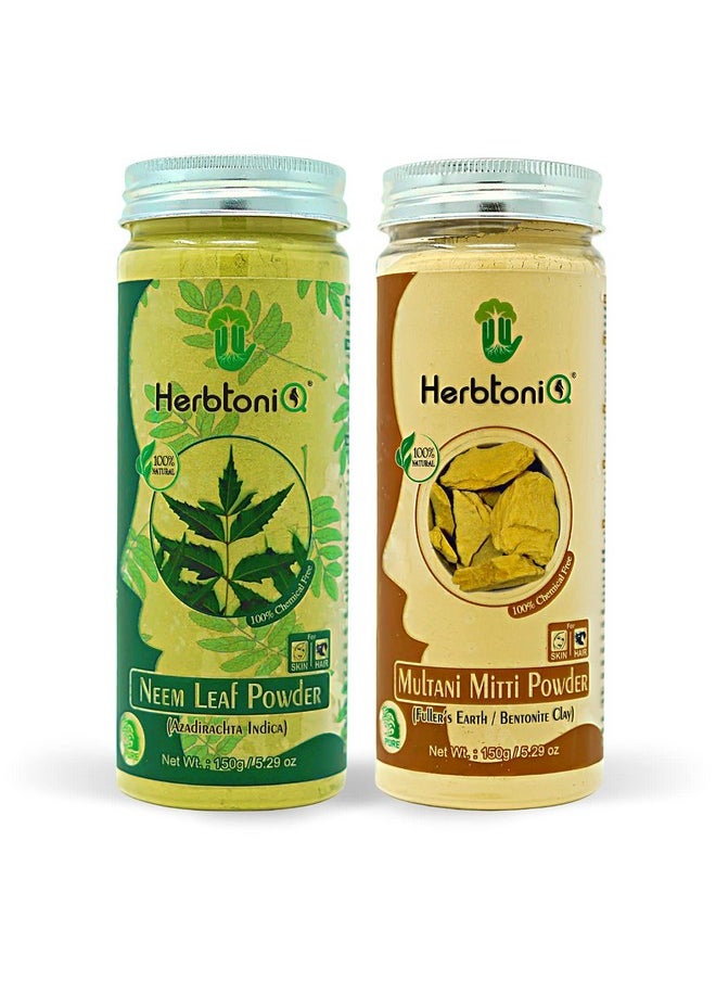 Herbtoniq - Face Pack Powders Neem And Multani Mitti Powder (Fuller’S Earth) For Diy Face Mask, Scrubs, Ubtan, Face Washes, Hair Pack | Depigmentation, Reduce Dark Spot And Nurtures Glowing Skin | Unisex | Combo Of 2 Products (Total 300 Grams) - Image 1