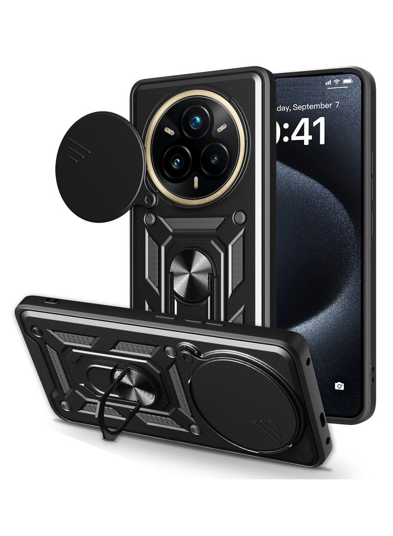 جراب حمايه مقاوم للصدمات وحمايه للكاميرا مزود بدبله معدنيه متوافق مع  Realme 14 Pro Plus  (اسود) - Image 1