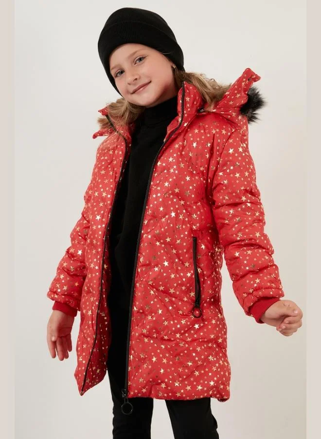 ليلا معطف شتوي مبطن بالقطيفة بغطاء رأس قابل للإزالة بنمط نجوم من الفرو الصناعي من ليلا