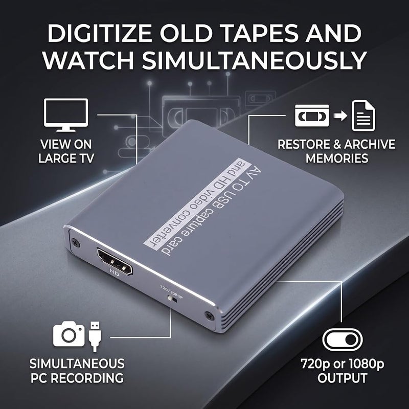 أشيتا بطاقة تحويل VHS إلى صيغة رقمية من شركة ASHATA، تدعم تسجيل فيديو بدقة 1080p بمعدل 30 إطارًا في الثانية، مزودة بمنفذ HDMI لإعادة إرسال الإشارة، مناسبة لأجهزة VCR وأقراص DVD - Image 5